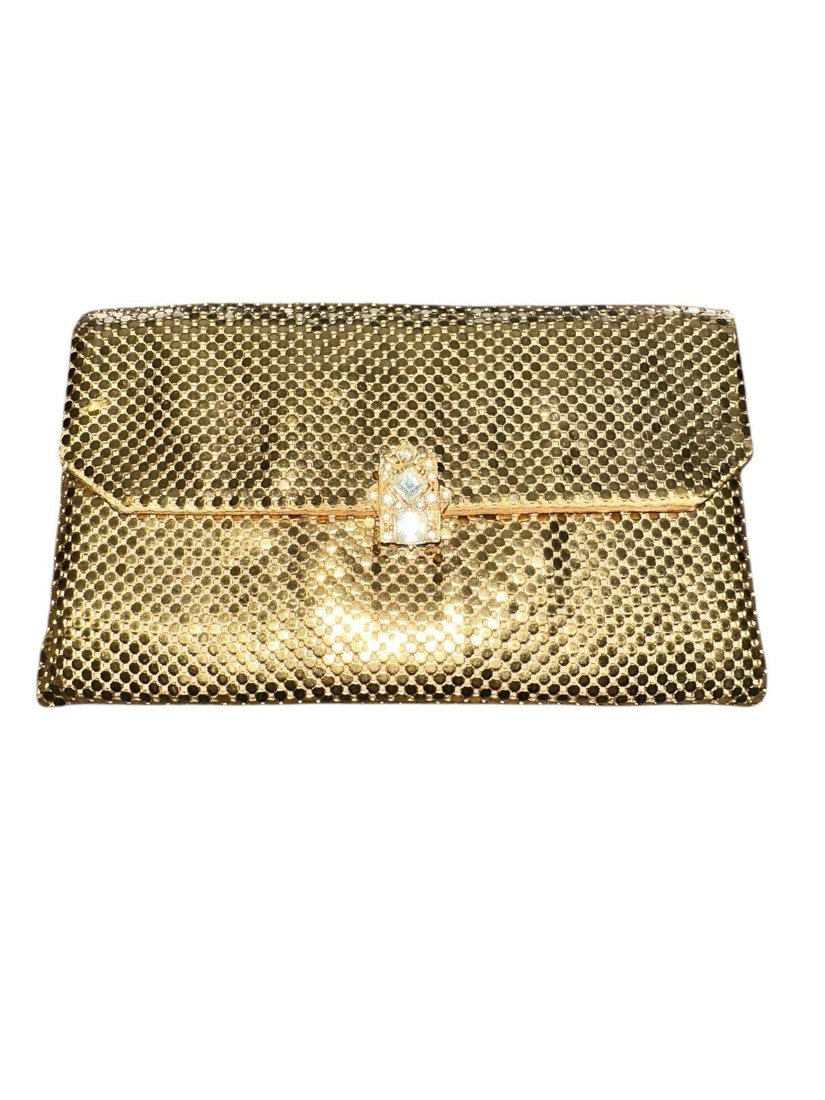 Clutch With Crystal Closure Whitting and Davis Gold Mesh Evening Vintage