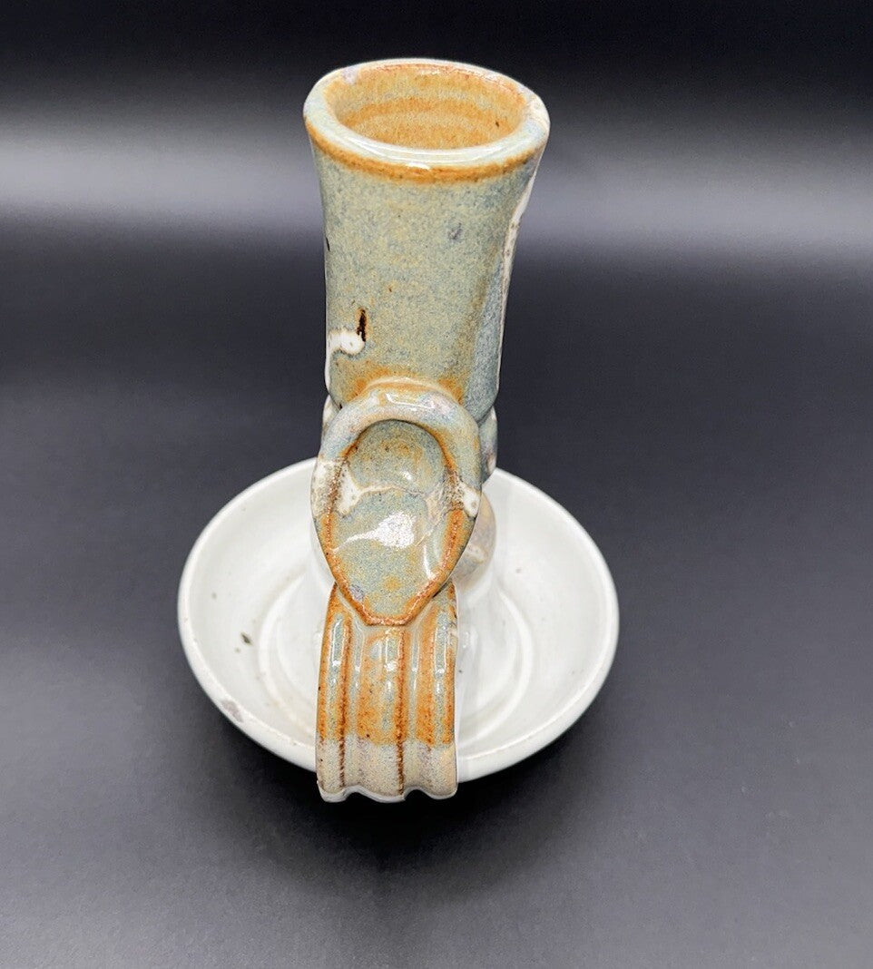 Candlestick Holder Studio Art Pottery Brown Gray Signed Vintage