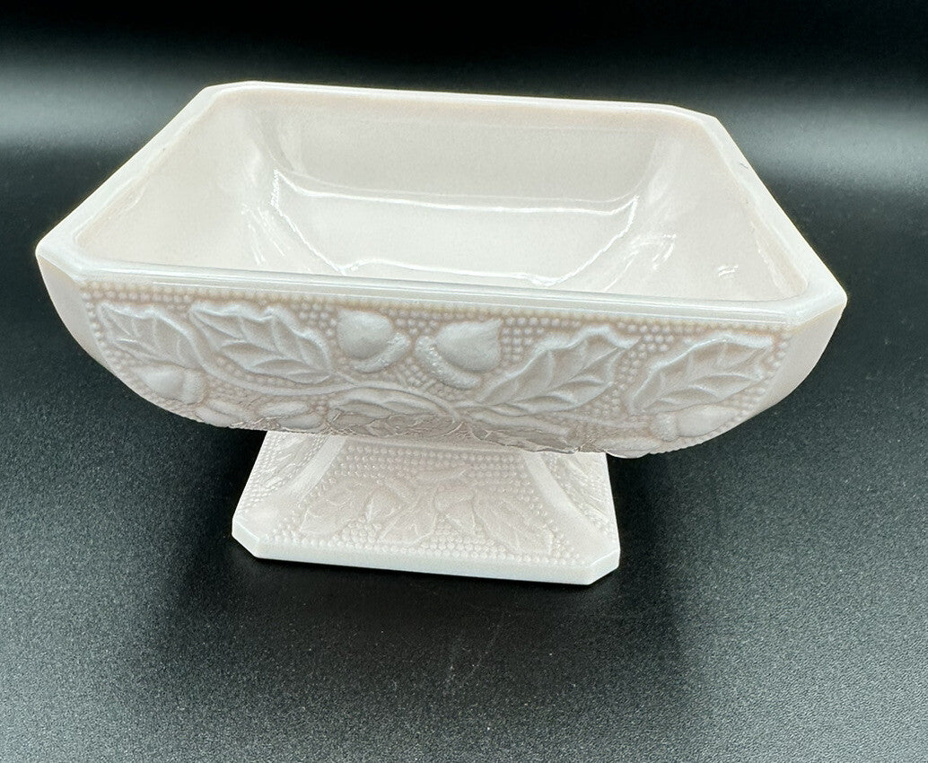 Candy Nut Dish Acorn & Leaf Pattern Base Jeanette Shell Pink Milk Glass Vintage