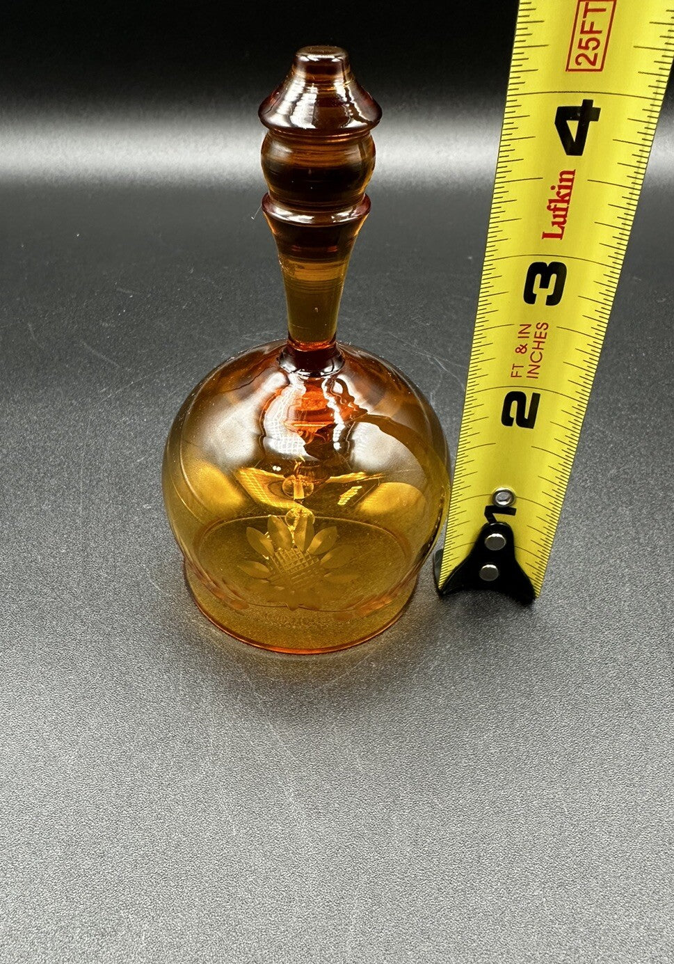 Bell Sunflower & Leaf Etched Design Krosno Amber Glass Vintage