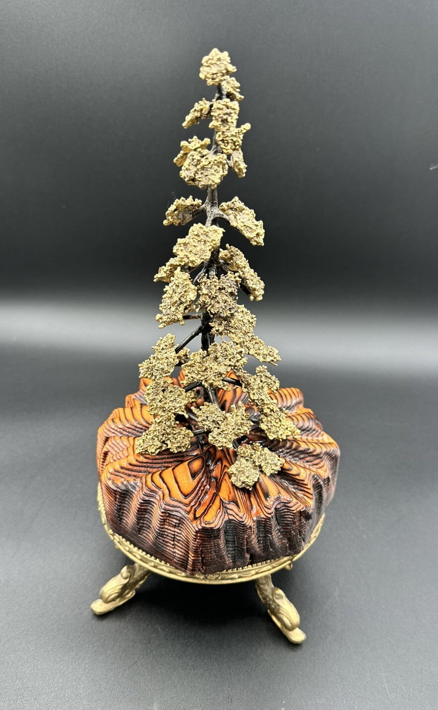 Bonsai Fur Tree Wood Base  10.75”Tall Handmade Hand Painted Bronze Vtg