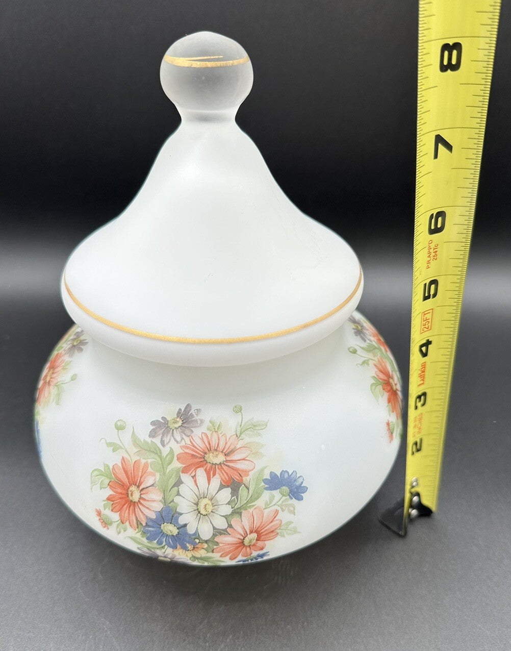 Candy Jar With Lid Flowers on frosty white Blown Heavy Glass Italy Vintage