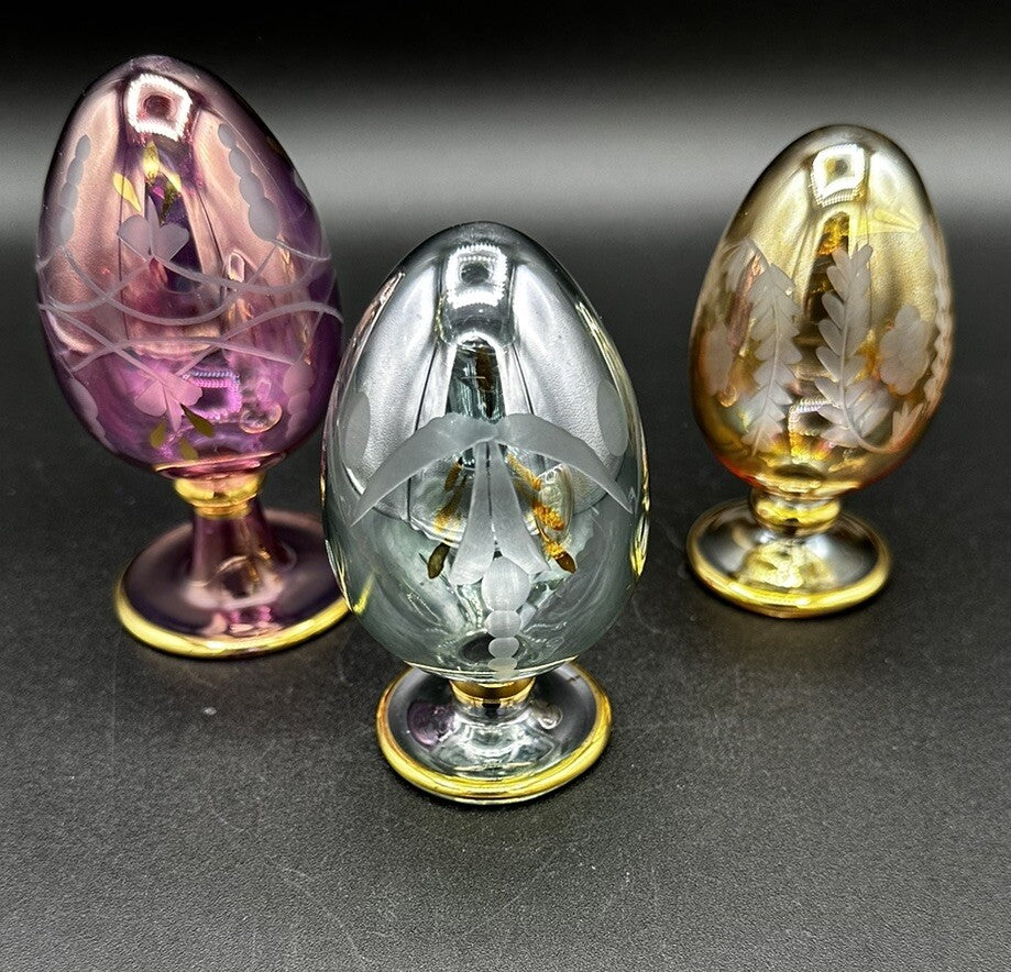 Eggs (3) Green, Gold, Purple Egypt Handcrafted Royal Limited Crystal Etched