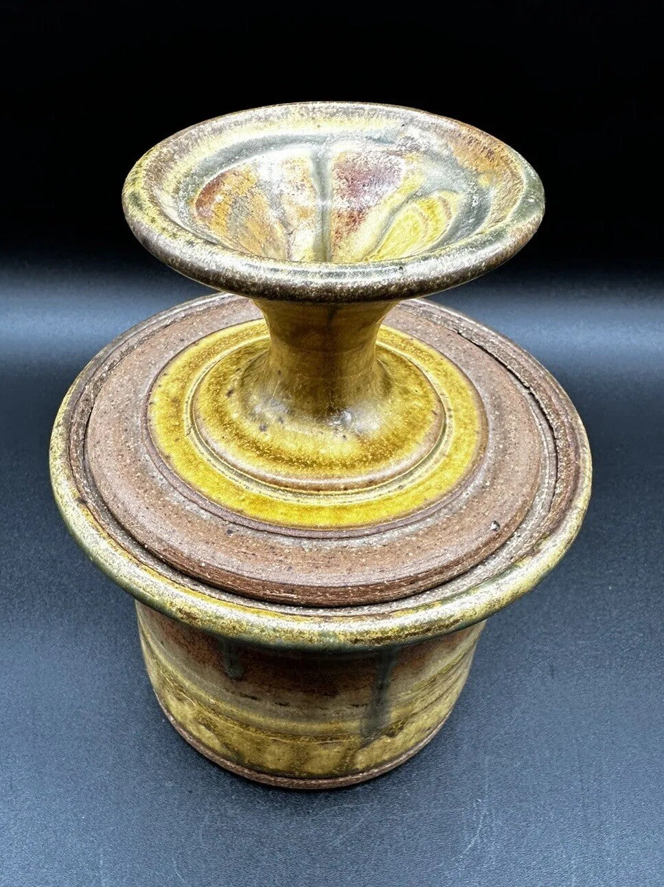 Butter Bell Keeper Crock Yellow/Brown Hues Drip Glaze Studio Art Pottery Signed