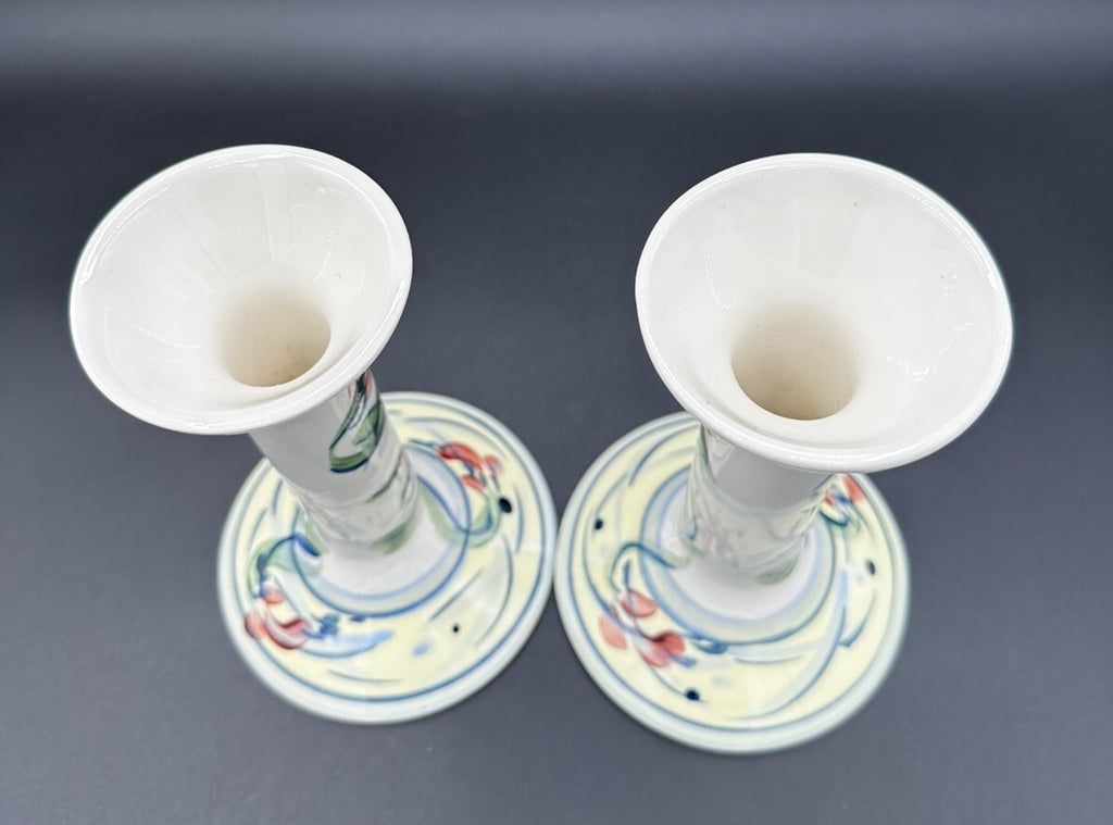 Candle Holders Signed Gail Pittman 7" Blue White Floral Narrow Neck
