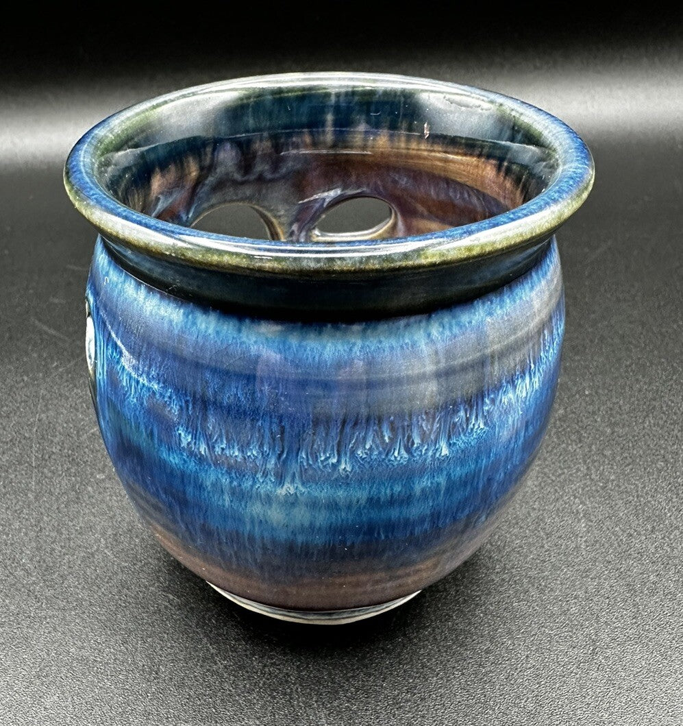 Art Pottery Votive Signed Olsen Blue Purple Maroon Heart Cut Out