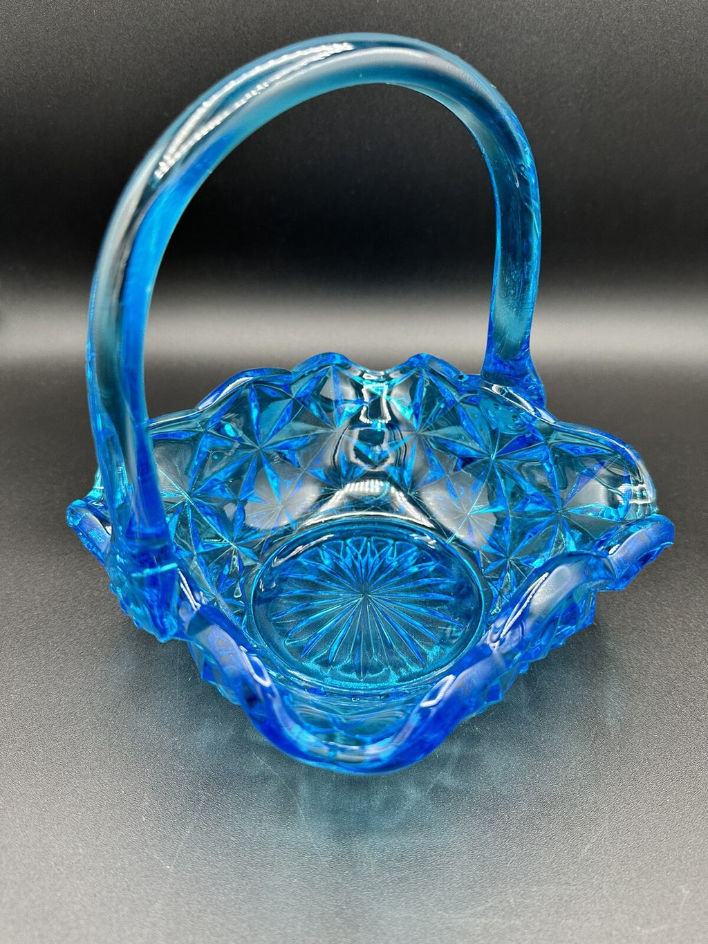 Basket Blue With Handle 7" Indiana Glass Monticello Vintage