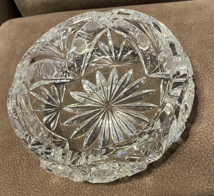 Ashtray Cigar Lead Crystal Cut Glass Quilted Strawberry Diamonds Heavy Vintage