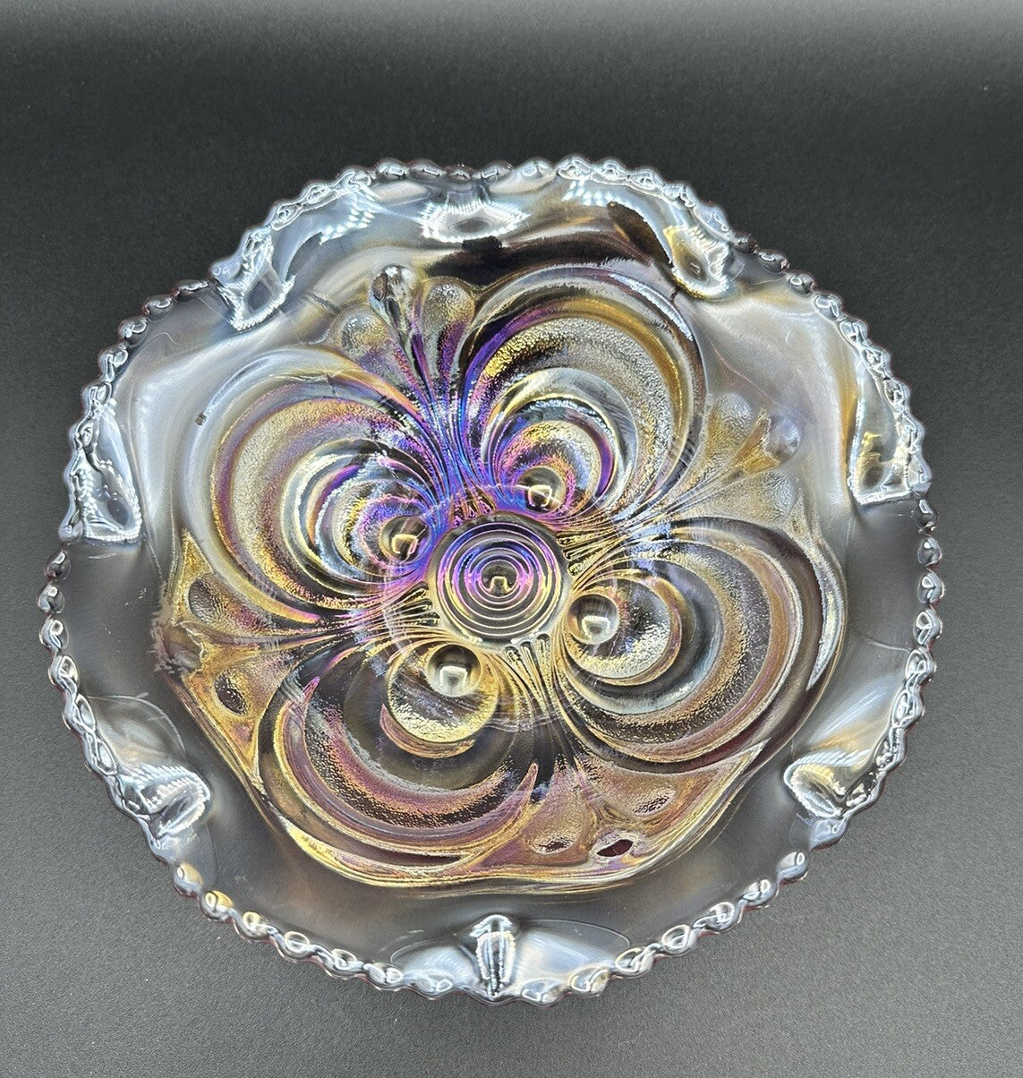 Bowl Iridescence Sawtooth Pearl Imperial Art Glass Scroll Pink Ruffled Vintage