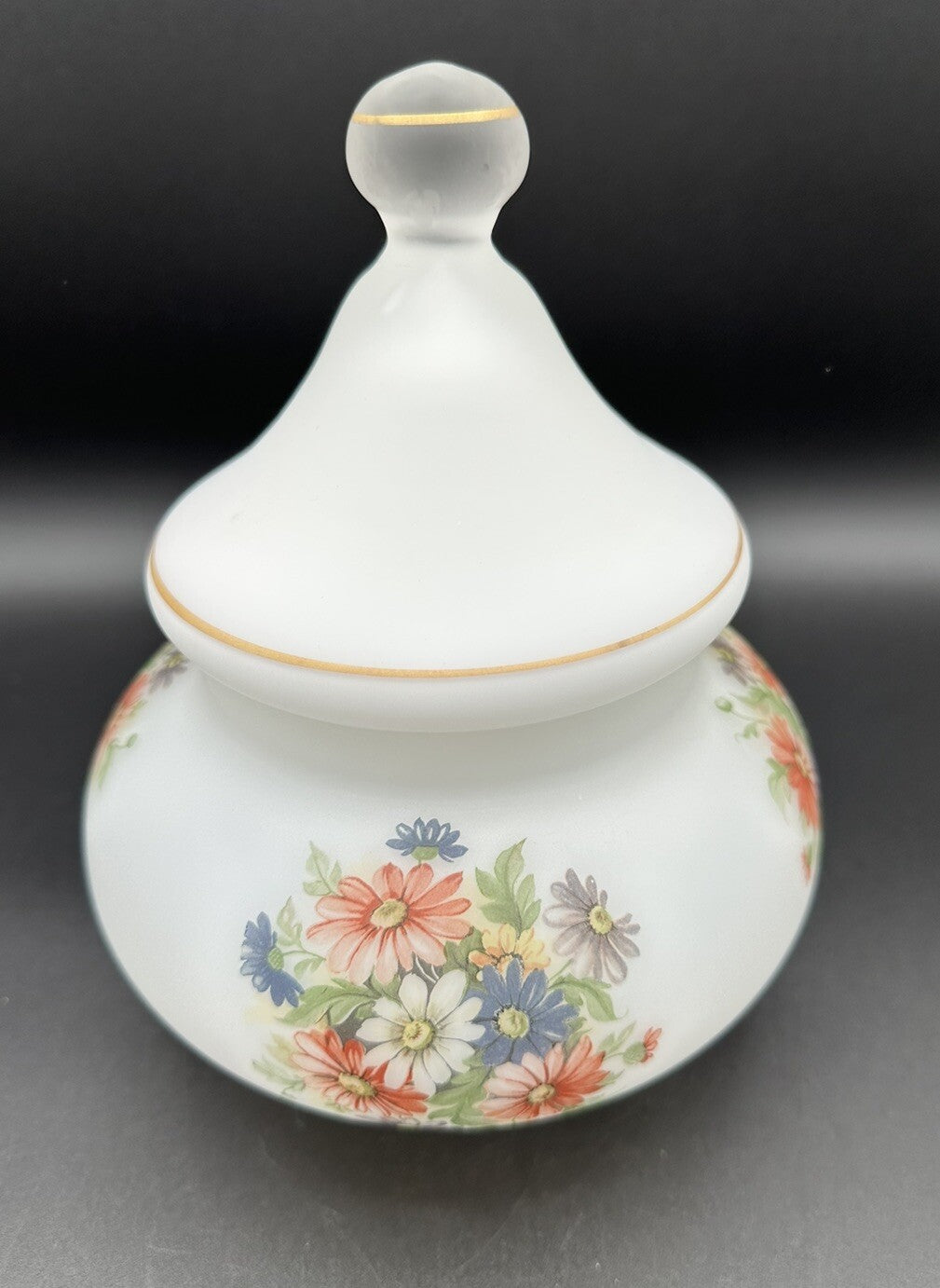 Candy Jar With Lid Flowers on frosty white Blown Heavy Glass Italy Vintage