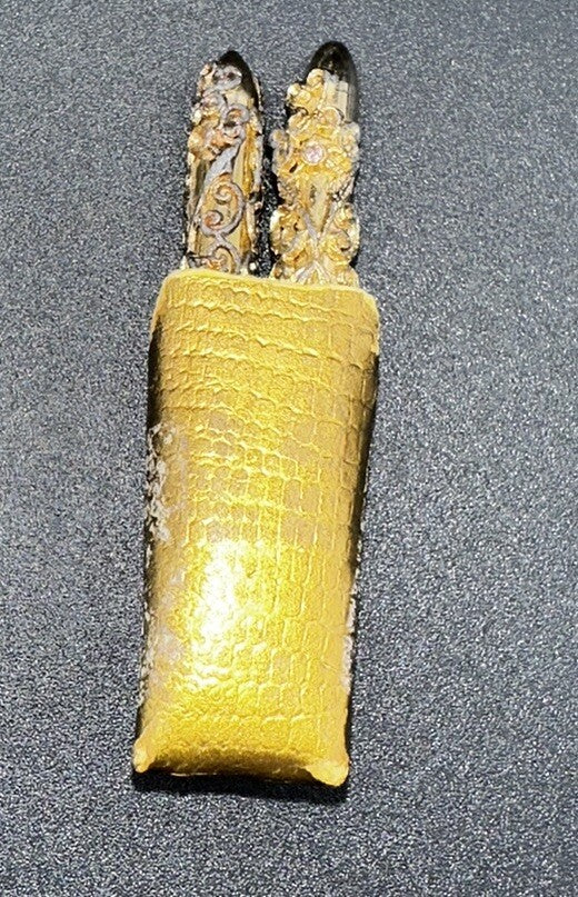 Antique Mini Pen & Pencil Set w Pouch Gold Gilt Filigree Red & Blue Rhinestone