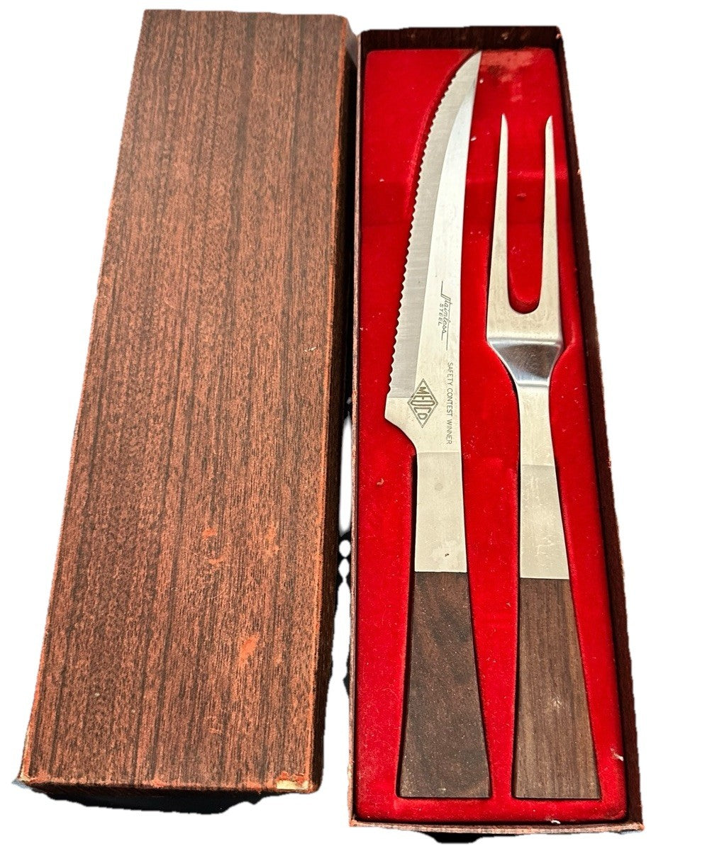 Carving Set Knife Fork Stainless Teak Medco Modern Japan 2 pc Steak Rib Vintage