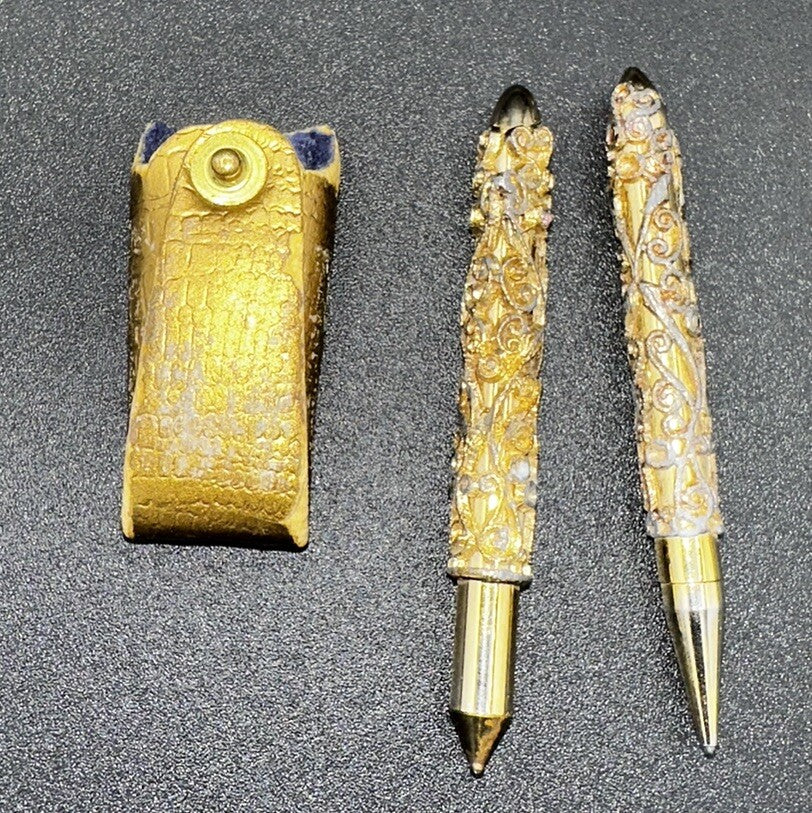 Antique Mini Pen & Pencil Set w Pouch Gold Gilt Filigree Red & Blue Rhinestone