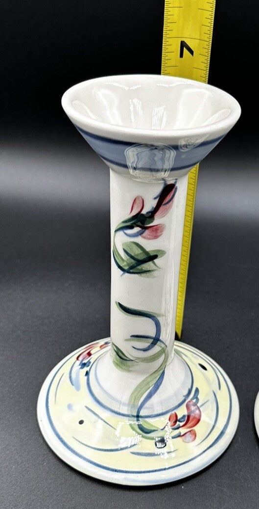 Candle Holders Signed Gail Pittman 7" Blue White Floral Narrow Neck