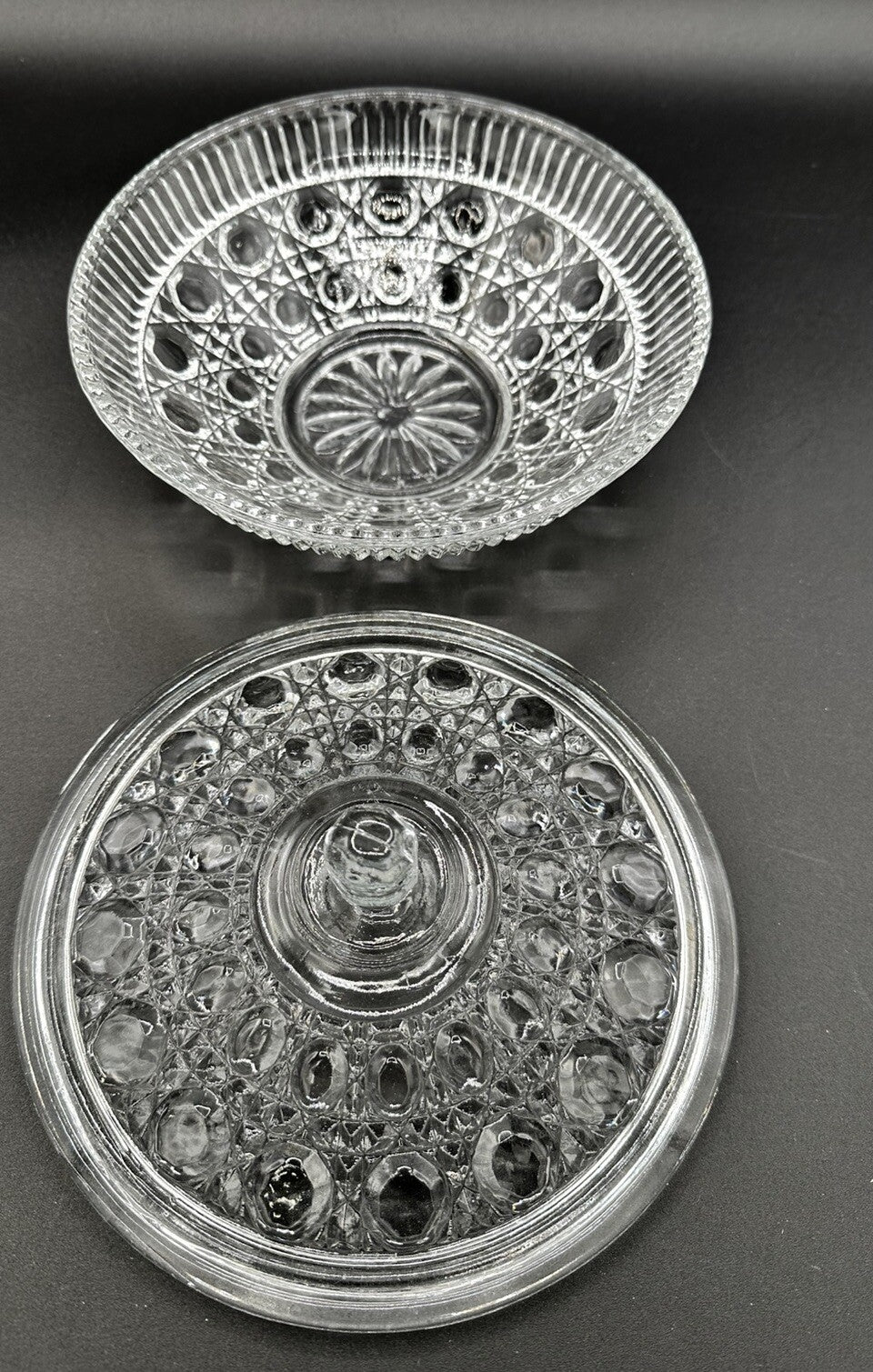 Candy Dish Bowl Lid Indiana Glass Windsor Button & Cane Clear Large Vintage