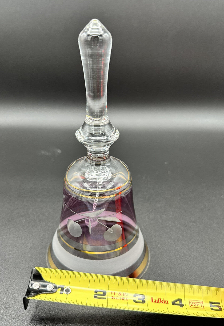 Bell Clear Glass Hand Mauve Middle Leaf Cherries Gold Trim 6.5" x 3" Vintage