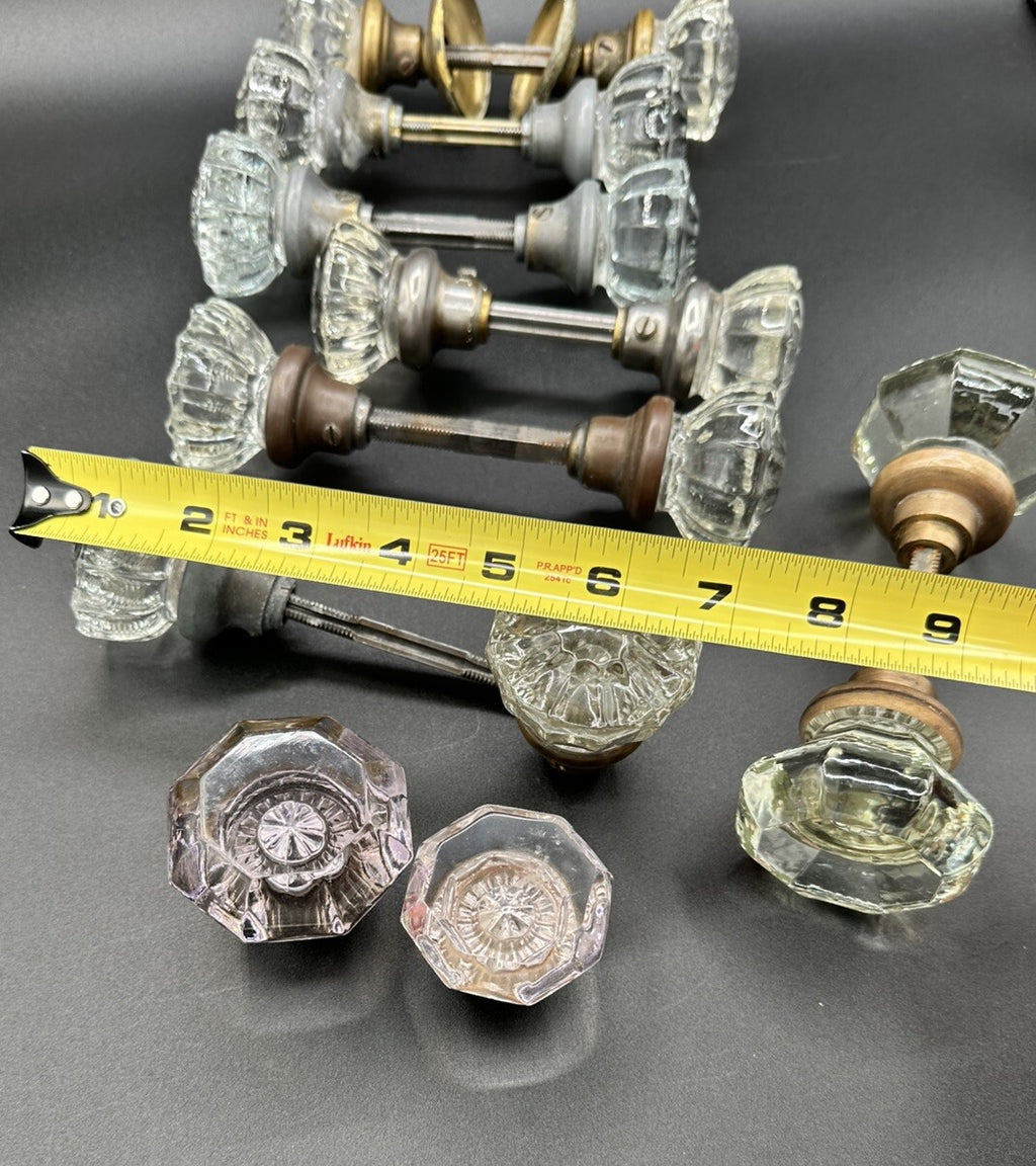 Antique Door Knobs Brass Collar & Spindles Hardware 7 Sets Glass 12 pt