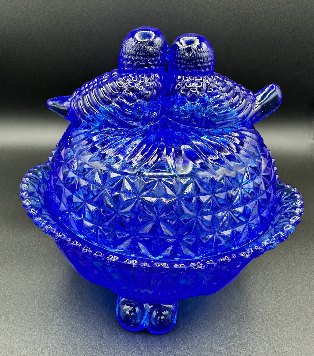Candy Dish Hofbauer Byrdes Cobalt Blue Glass 3 Footed Large Love Birds Vintage