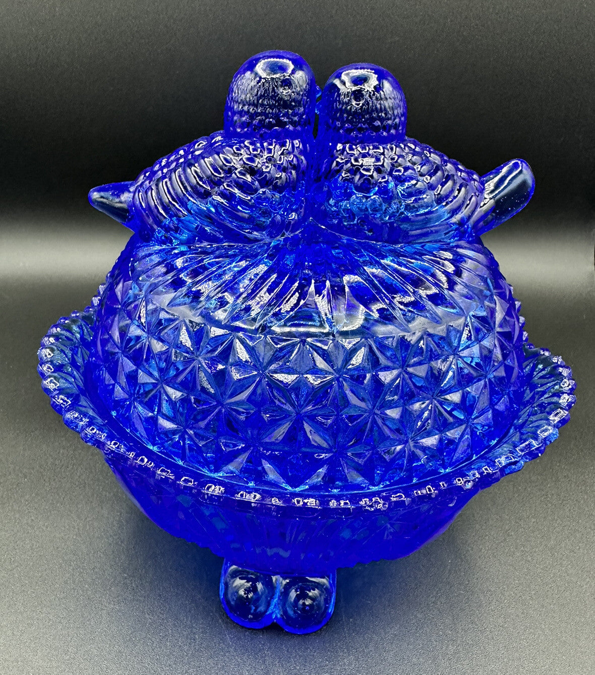 Candy Dish Hofbauer Byrdes Cobalt Blue Glass 3 Footed Large Love Birds Vintage