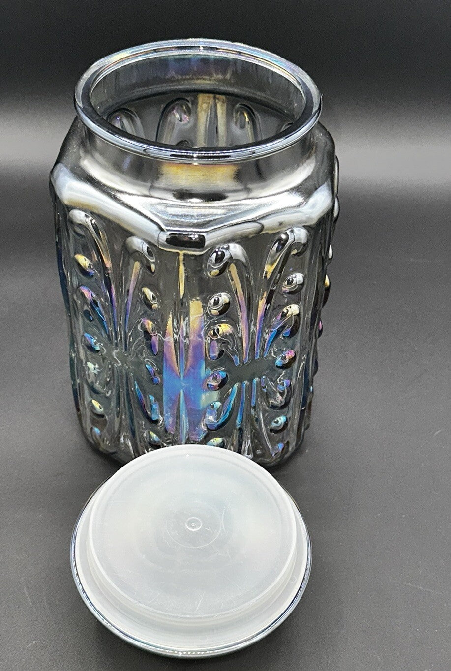 Cookie Jar Canister Carnival Glass Purple Iridescent Embossed Rainbow Vintage