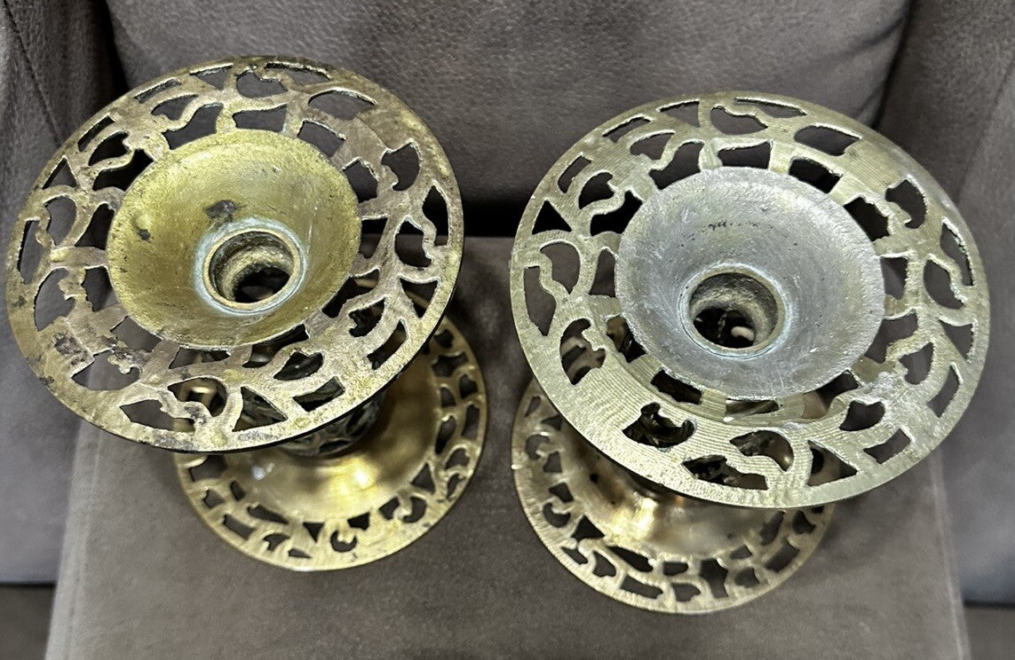 Candle Holder Brass Cut Out Filagree Vases Ornate (2) Vintage