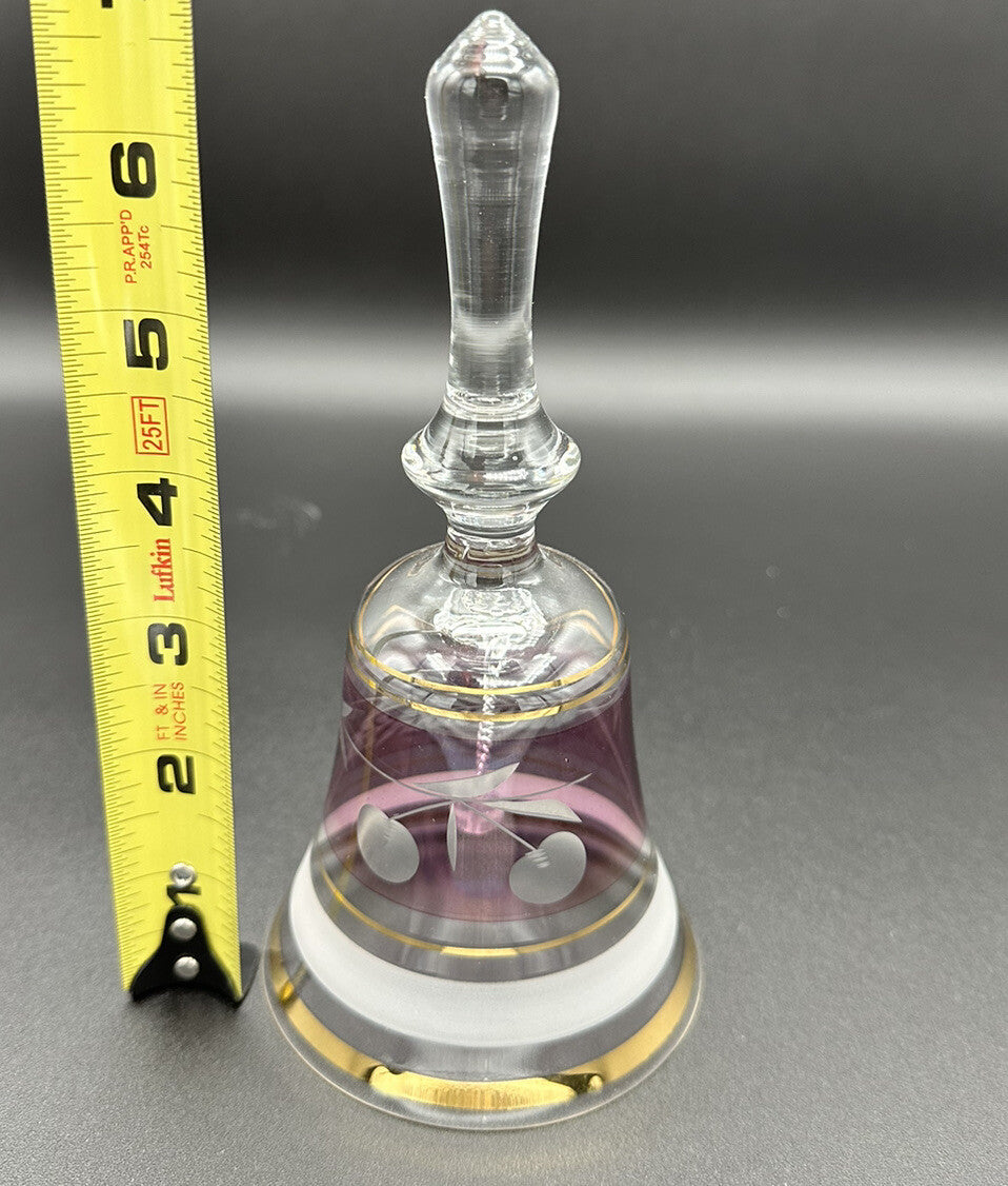 Bell Clear Glass Hand Mauve Middle Leaf Cherries Gold Trim 6.5" x 3" Vintage