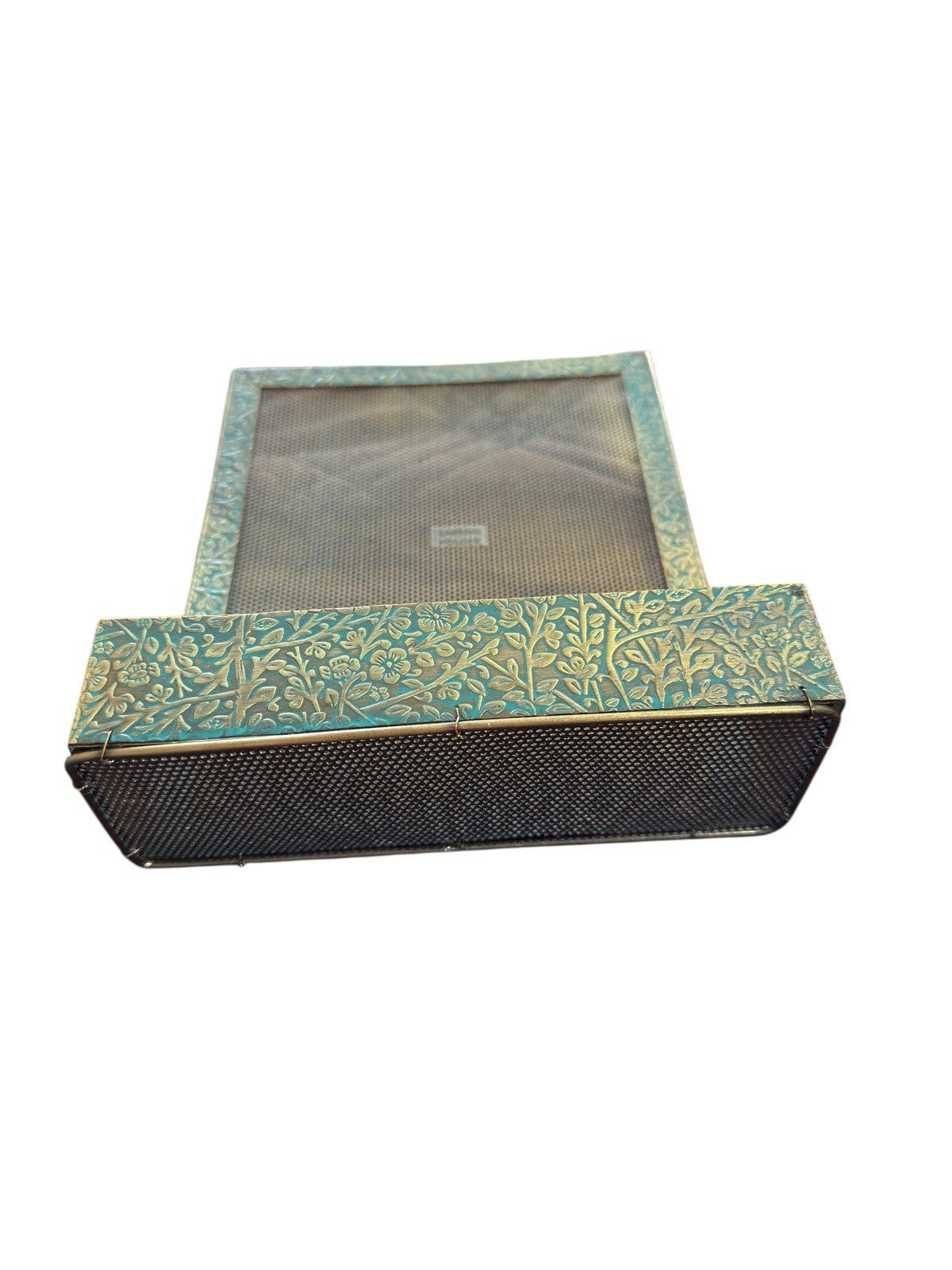 Earring Display Organizer Rack with Basket Blue Gold Tone Metal Wire Mesh