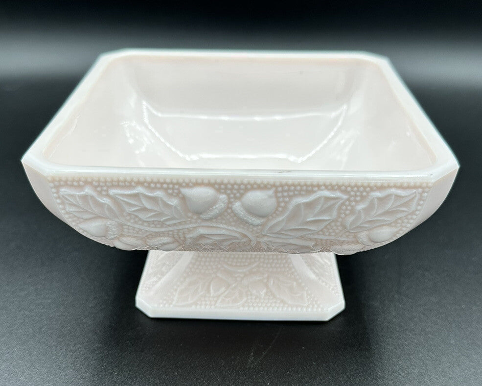 Candy Nut Dish Acorn & Leaf Pattern Base Jeanette Shell Pink Milk Glass Vintage