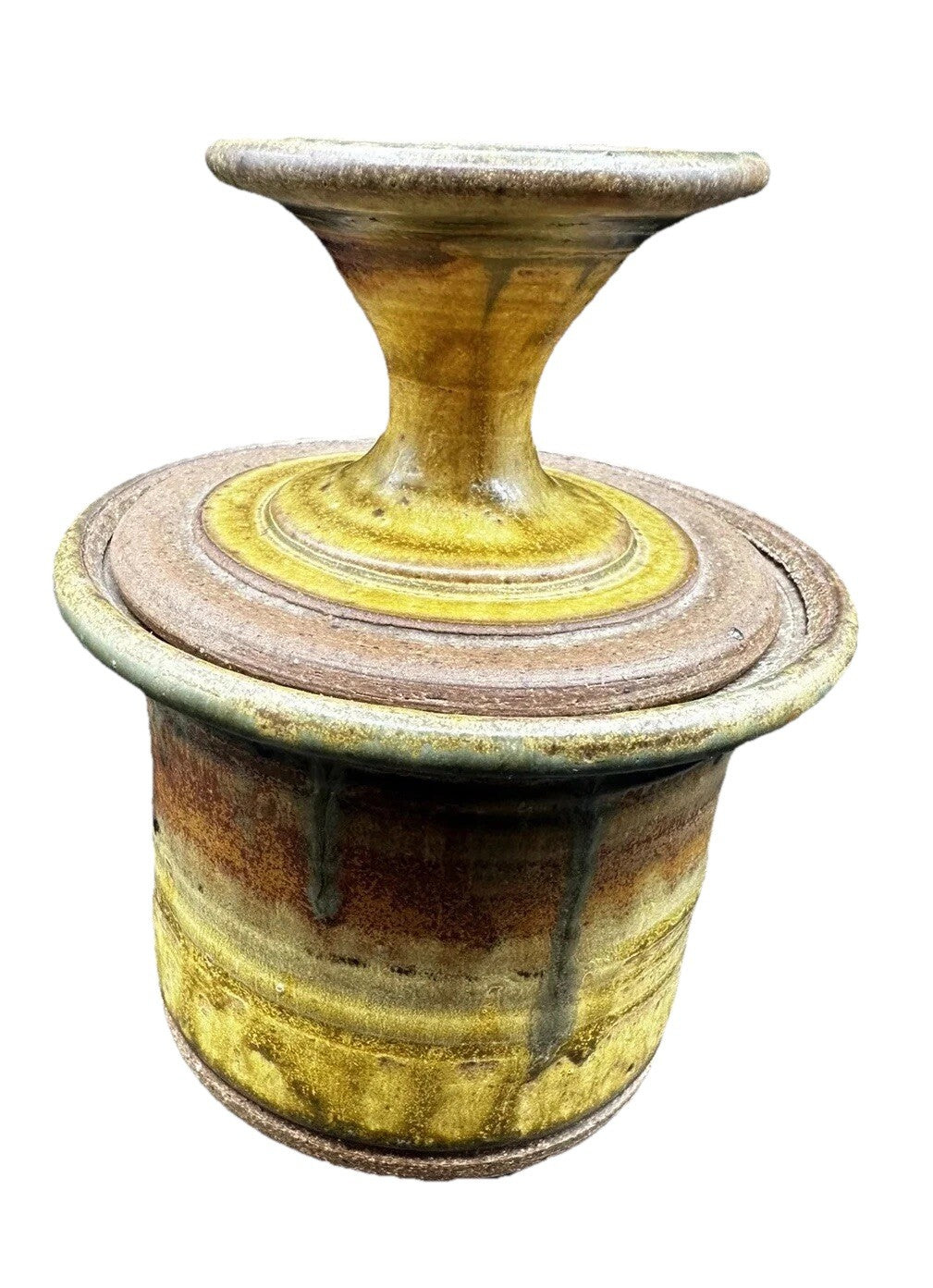 Butter Bell Keeper Crock Yellow/Brown Hues Drip Glaze Studio Art Pottery Signed