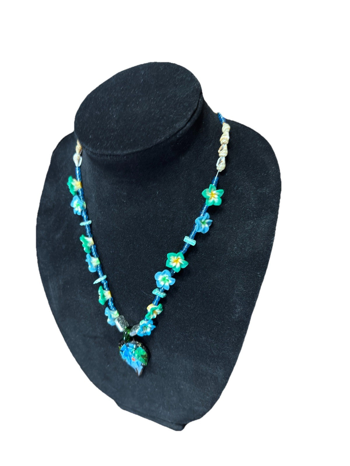 Blue Green Art Glass Pendant Beaded Floral Necklace