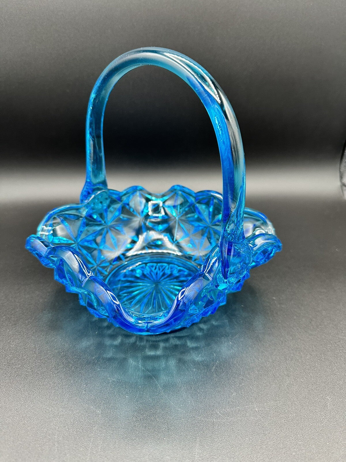 Basket Blue With Handle 7" Indiana Glass Monticello Vintage