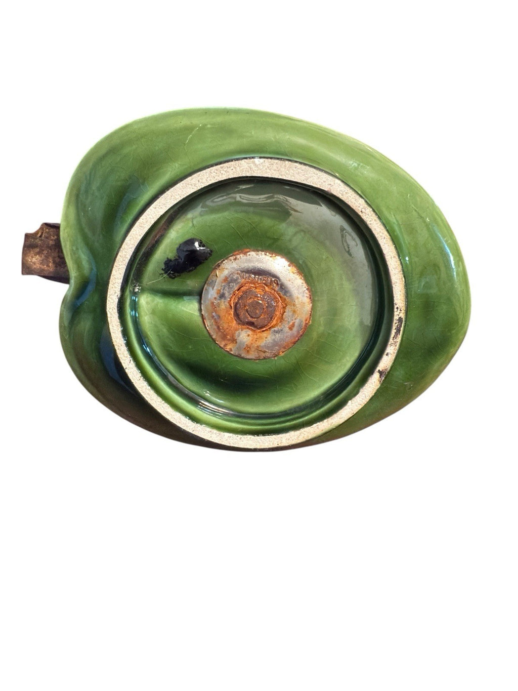 Candle Holder Green Base Decorated With Pink Roses And Metal Top And Handle Vtg