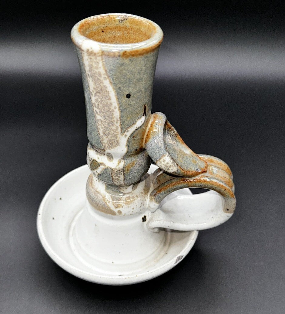 Candlestick Holder Studio Art Pottery Brown Gray Signed Vintage