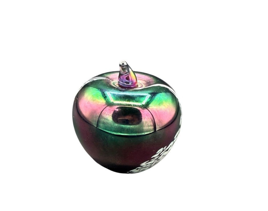 Art Glass Paperweight Apple Figure Design Purple Blue Swirl Iridescent