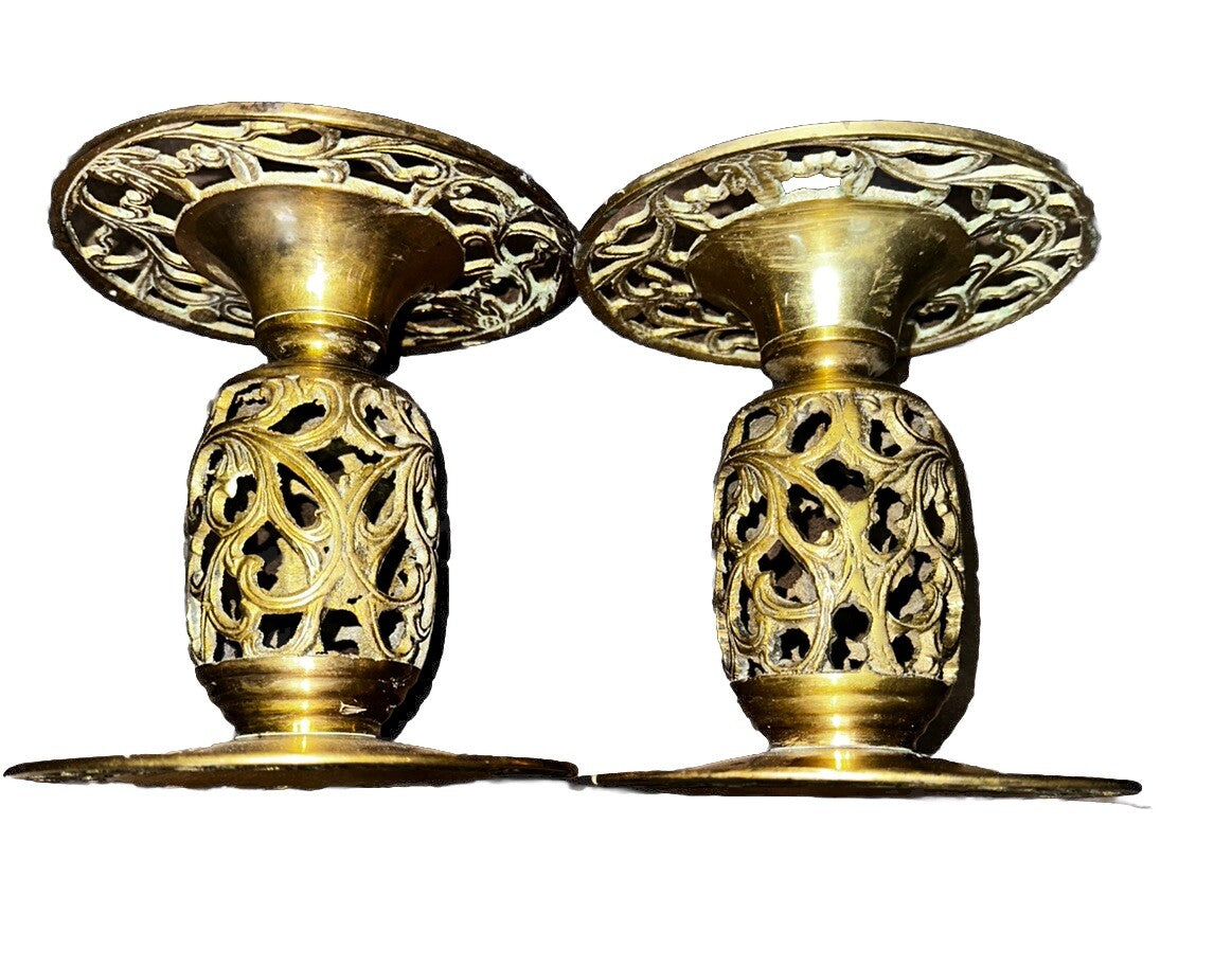 Candle Holder Brass Cut Out Filagree Vases Ornate (2) Vintage