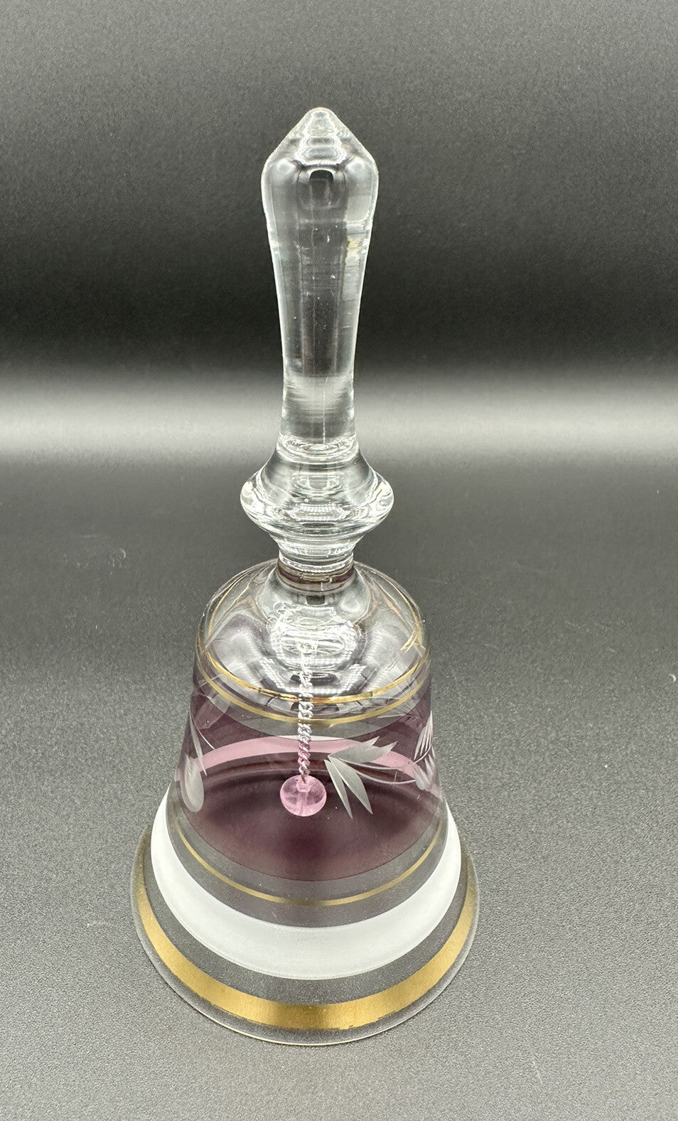 Bell Clear Glass Hand Mauve Middle Leaf Cherries Gold Trim 6.5" x 3" Vintage