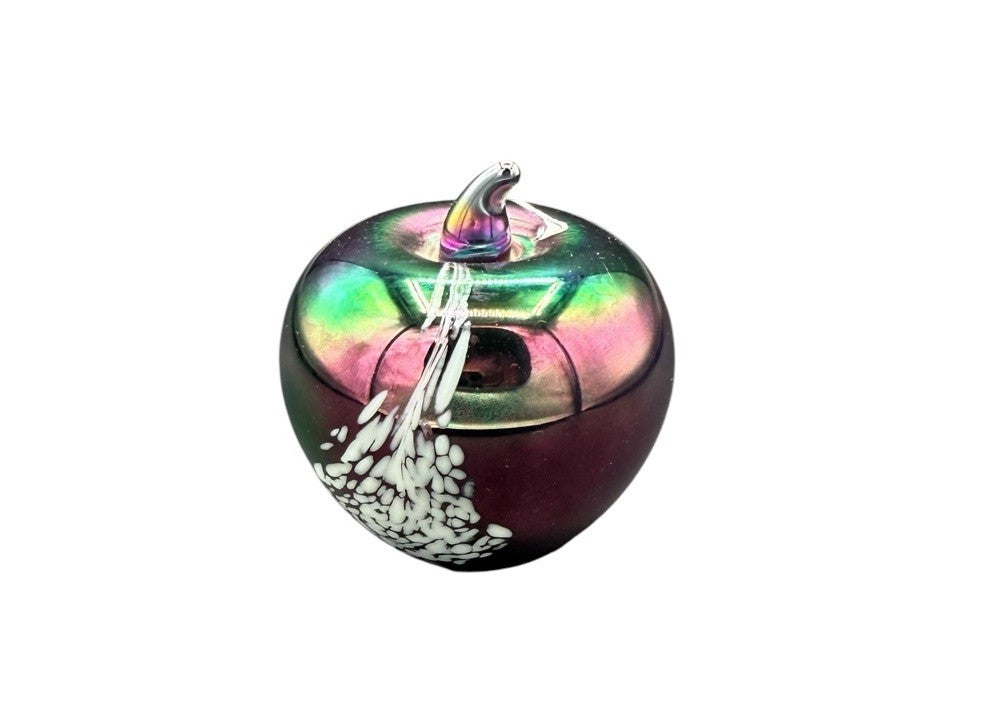 Art Glass Paperweight Apple Figure Design Purple Blue Swirl Iridescent