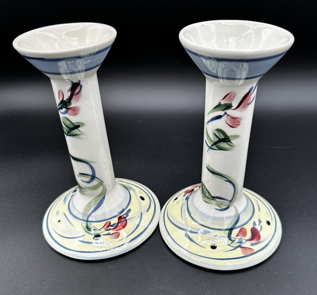 Candle Holders Signed Gail Pittman 7" Blue White Floral Narrow Neck