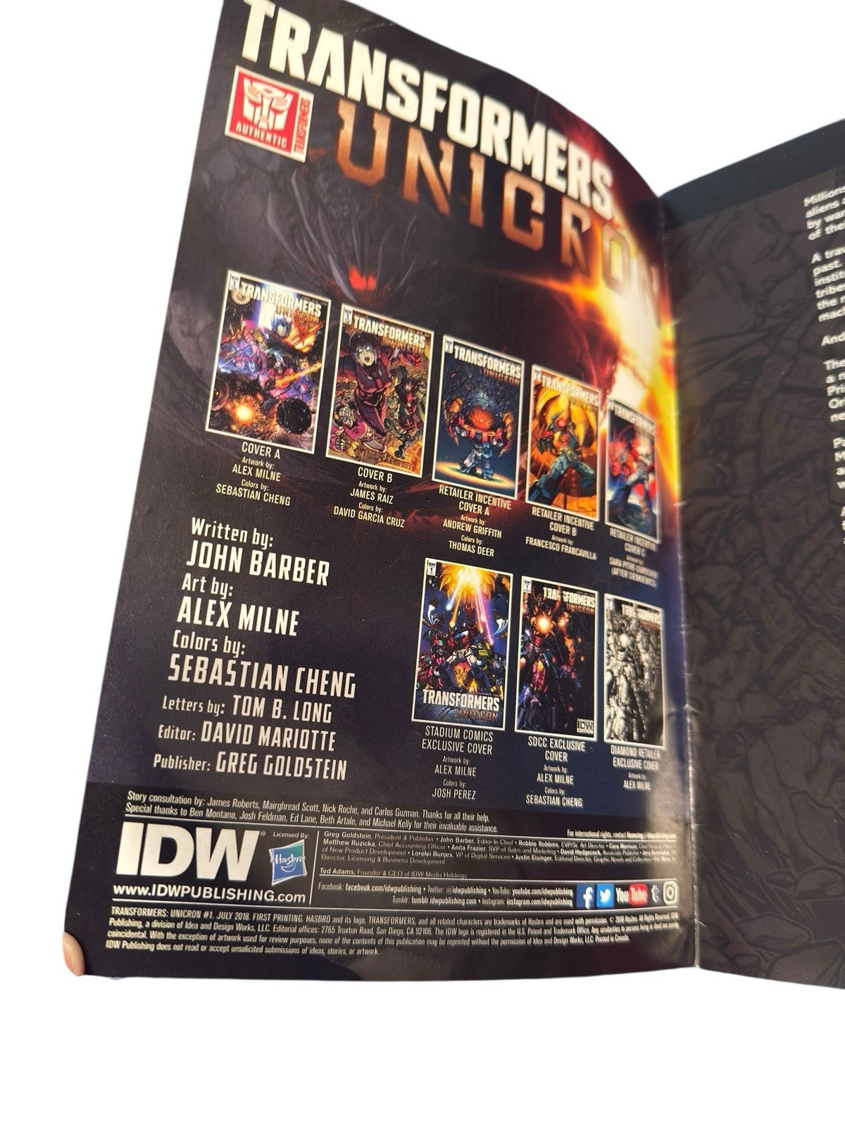 Comic Transformers Unicron No.1 July 2018 First Printing IDW Preowned