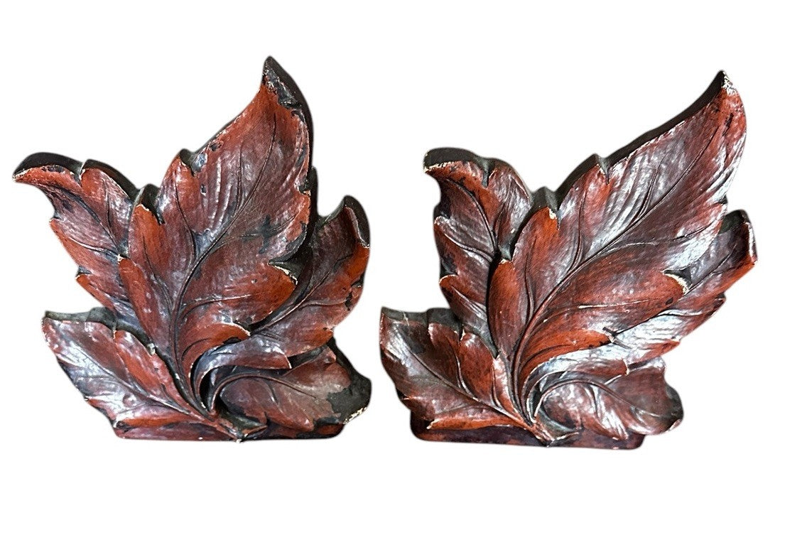 Bookends Gatco Brown Wood Tree Leaves Set Of 2  6.75” x 5.75” Vintage