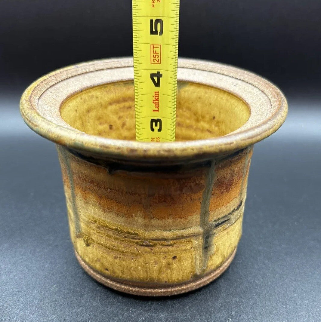 Butter Bell Keeper Crock Yellow/Brown Hues Drip Glaze Studio Art Pottery Signed