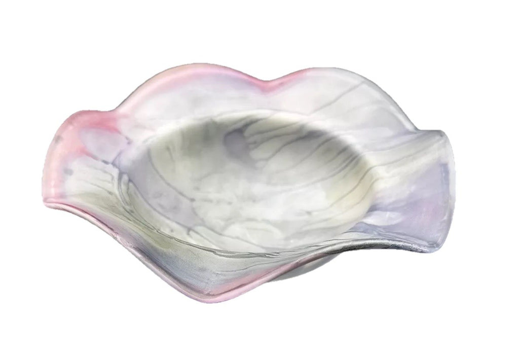 Bowl Purple Pink Drip Rueven Nouveau  Art Glass Scalloped Edge Vintage