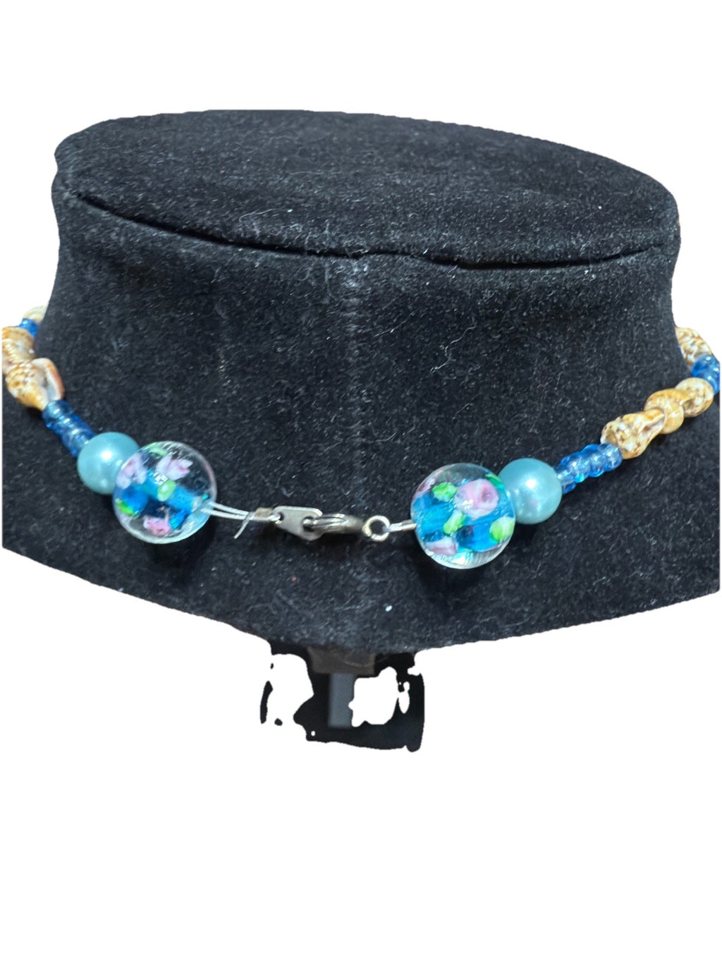 Blue Green Art Glass Pendant Beaded Floral Necklace