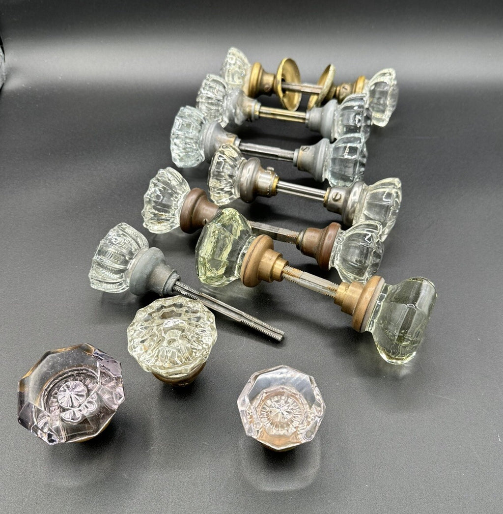 Antique Door Knobs Brass Collar & Spindles Hardware 7 Sets Glass 12 pt