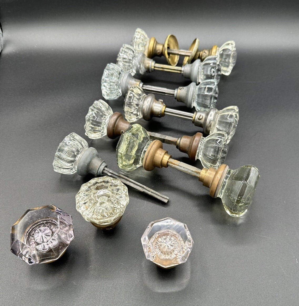 Antique Door Knobs Brass Collar & Spindles Hardware 7 Sets Glass 12 pt