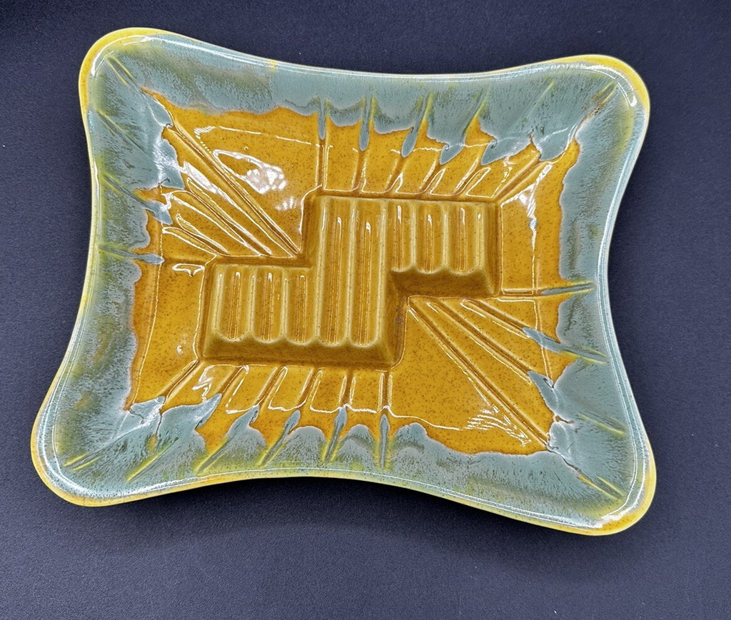Ashtray USA Pottery 3419 Yellow Teal Green Drip Glaze 50s Vintage