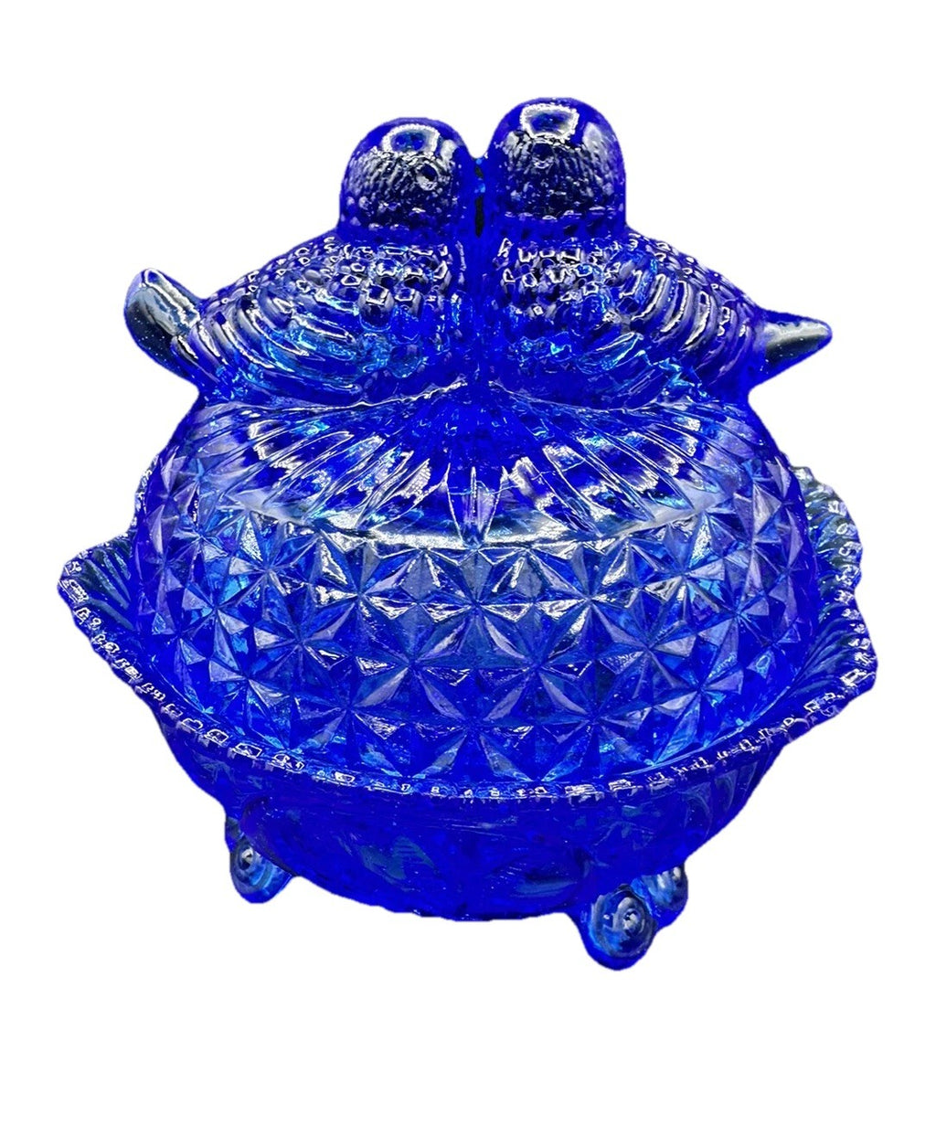 Candy Dish Hofbauer Byrdes Cobalt Blue Glass 3 Footed Large Love Birds Vintage