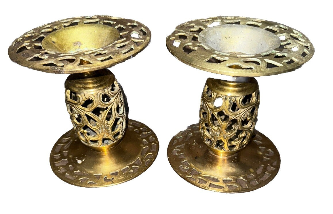 Candle Holder Brass Cut Out Filagree Vases Ornate (2) Vintage