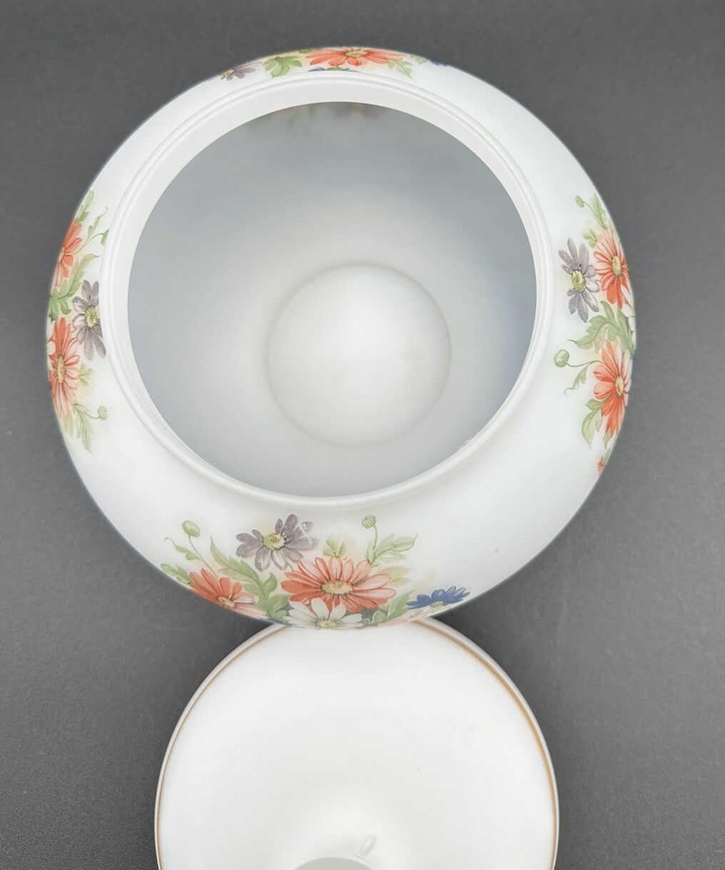 Candy Jar With Lid Flowers on frosty white Blown Heavy Glass Italy Vintage