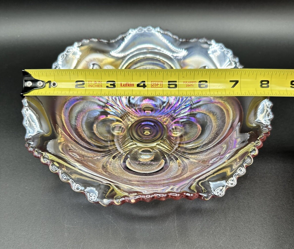 Bowl Iridescence Sawtooth Pearl Imperial Art Glass Scroll Pink Ruffled Vintage